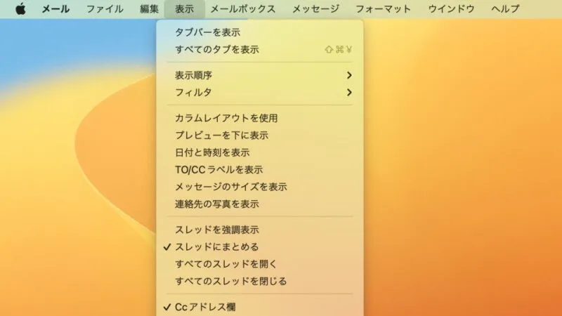 Macアプリ→メール→メニューバー→表示