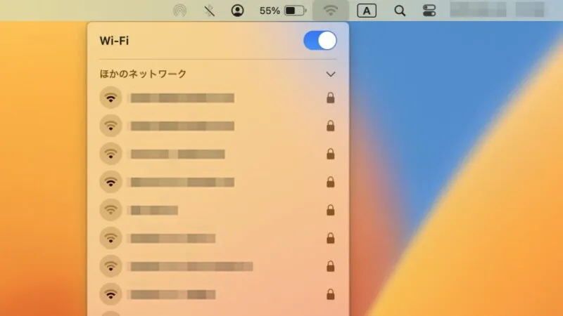 Mac→メニューバー→Wi-Fi