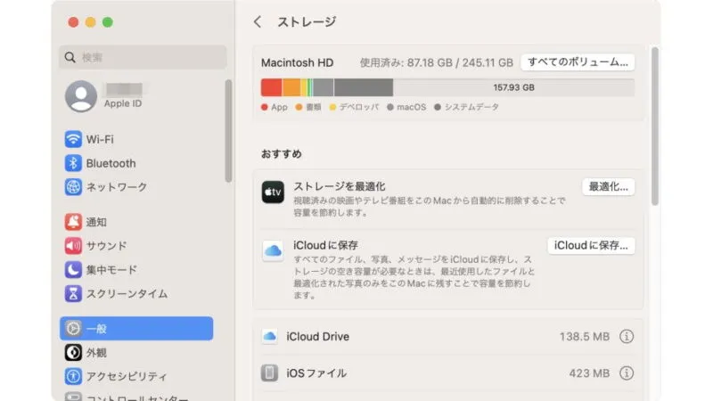 Mac→システム設定→一般→ストレージ