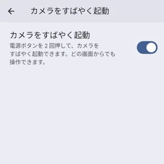 Pixel＞設定＞システム＞ジェスチャー＞カメラをすばやく起動