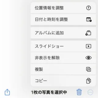 iPhoneアプリ→写真→アルバム→非表示→選択済み→メニュー